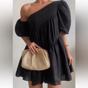 Showpo Linen Look Asymmetrical Trim Puff Sleeve Dress black